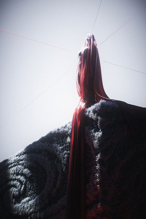 A digital illustration of a figure in a translucent red robe standing atop a fuzzy, grey ledge.