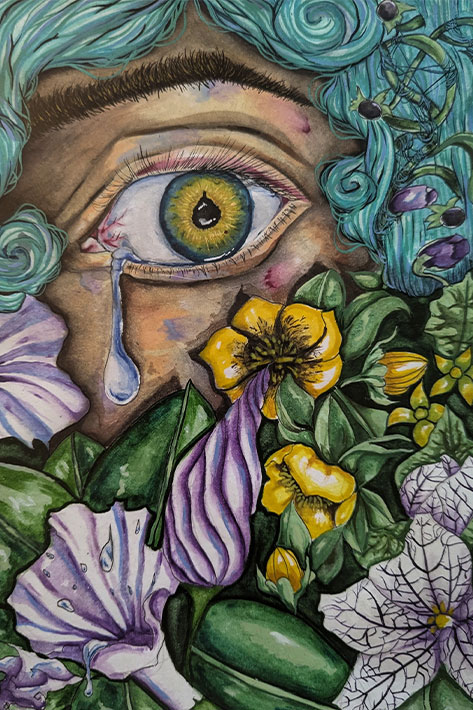 A colorful painting featuring a large, teary eye surrounded by plants and flowers.
