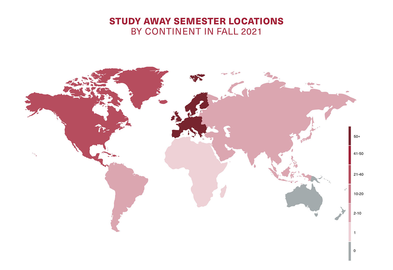 Student away semester locations by continent in Fall 2021.