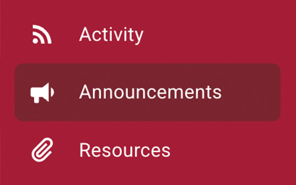 A screenshot from the BergConnect app with options for Activity, Announcements and Resources.