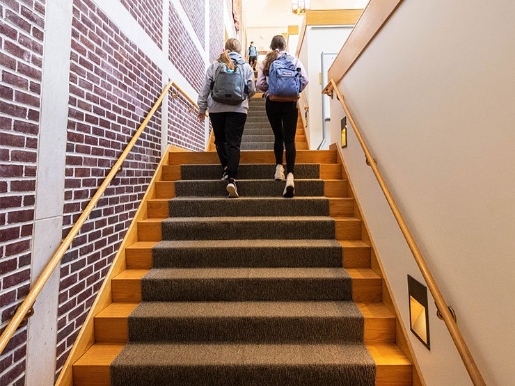 A pair of college students climb flights of carpeted stairs in a high-ceiling hallway at the Trexler Library.