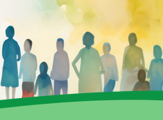 Watercolor image of people in a group with a green wave below them.