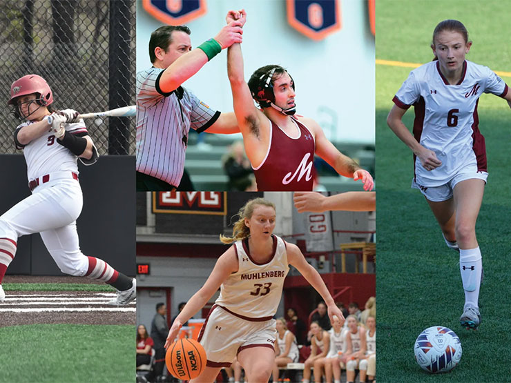 A collage of Muhlenberg College student-athletes competing in various sports.