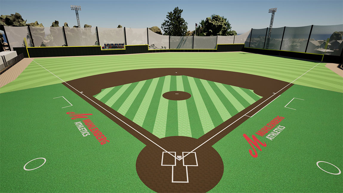 A 3D rendering of a baseball field viewed from homeplate.