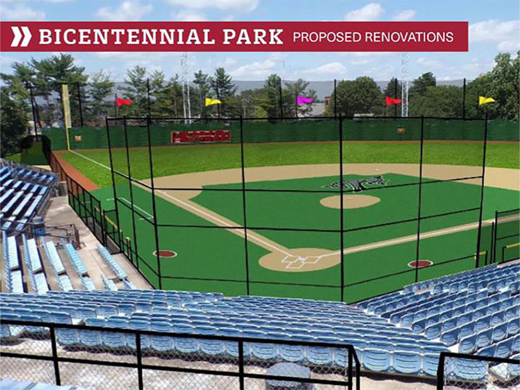 An illustration of a baseball field from behind home plate with a red banner across the top reading 