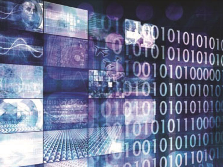 An illustration of data with computer images and rows of 1s and 0s.