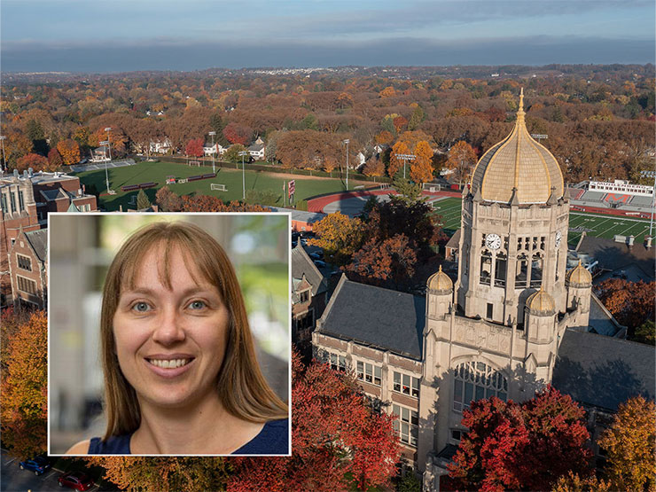 An aerial photo of the Muhlenberg College campus with an inset headshot of an adult, Kimberly Guyer.