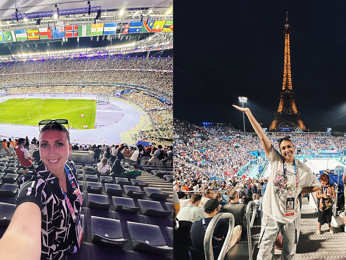 Two photos of the same young adult, one a selfie in front of the Olympic track in Paris and another in front of a beach volleyball court and the Eiffel Tower at night