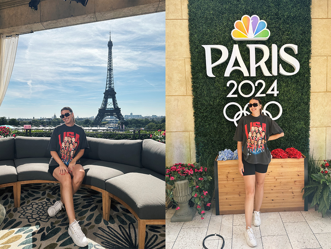 Two photos of the same young adult in a USA sports shirt, one in front of the Eiffel Tower and the other in front of a sign that says Paris 2024 with the Olympic rings