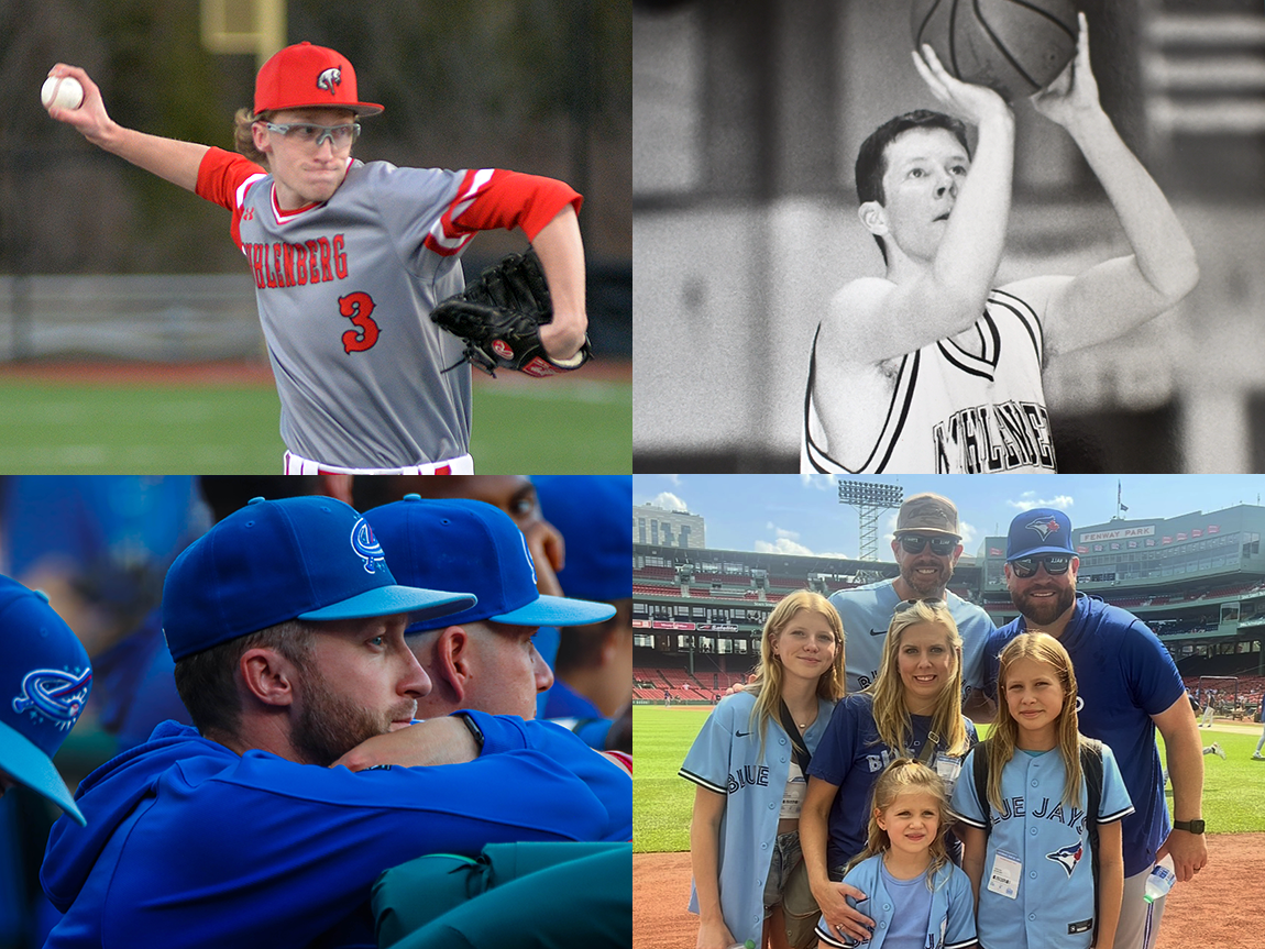 Four photos in a grid — a college baseball pitcher, a college basketball player taking a shot, baseball coaches in a dugout, a family on a baseball field