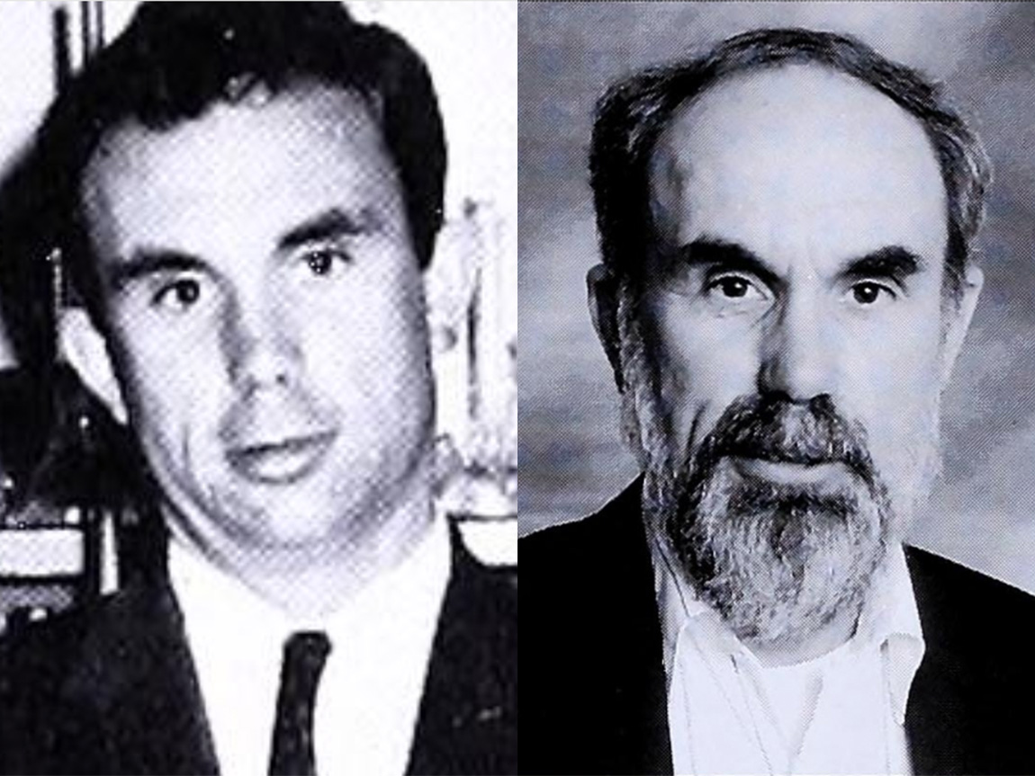 Two black and white headshots of the same college faculty member, taken nearly 40 years apart