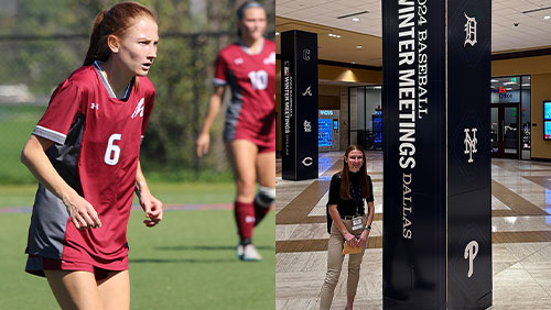 A compilation of two images, one of Bri Astbury playing soccer as a college student and another of her posing at Major League Baseball facility.